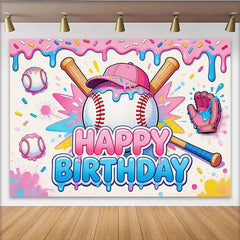 Lofaris Sweet Cartoon Baseball Birthday Backdrop with Pink Blue Drips and Sprinkles, Vibrant Sports Background for Kids Party Decor