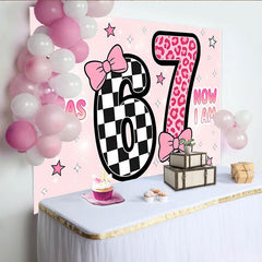Lofaris Pink 7th Birthday Backdrop with Checkerboard and Leopard Print, Cute Party Background for Girls Photoshoot and Celebration