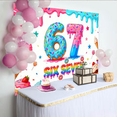 Lofaris Colorful Donut Six Seven Birthday Backdrop with Sprinkles and Dripping Icing, Sweet Dessert Party Decor for Photoshoot