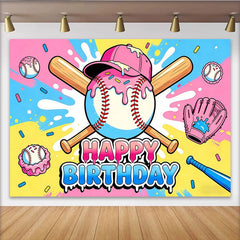 Lofaris Pink Blue Cartoon Baseball Birthday Backdrop for Kids Party, Sweet Sprinkles Sports Theme Photography Background