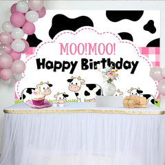 Lofaris Cute Cartoon Cow Birthday Backdrop with Pink Gingham and Moo Moo Text, Farm Animal Party Background for Kids Photo Booth Decor