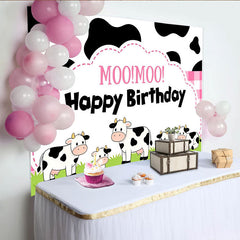 Lofaris Cute Cartoon Cow Birthday Backdrop with Pink Gingham and Moo Moo Text, Farm Animal Party Background for Kids Photo Booth Decor