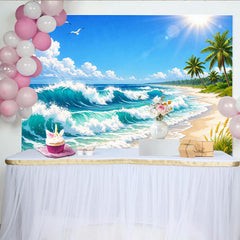 Lofaris Vibrant Tropical Beach Photography Backdrop with Ocean Waves and Palm Trees, Sunny Seascape Background for Summer Photoshoot