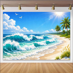 Lofaris Vibrant Tropical Beach Photography Backdrop with Ocean Waves and Palm Trees, Sunny Seascape Background for Summer Photoshoot