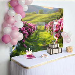 Lofaris Vibrant Pink Floral Path Photography Backdrop with White Fence, Lush Green Scenery Background for Spring Photoshoot