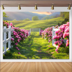 Lofaris Vibrant Pink Floral Path Photography Backdrop with White Fence, Lush Green Scenery Background for Spring Photoshoot