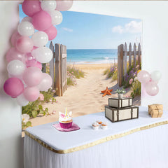 Lofaris Beach Pathway Photography Backdrop with Wooden Fence, Summer Ocean View Background with Starfish for Studio Photoshoot