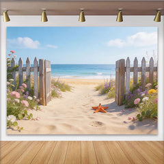 Lofaris Beach Pathway Photography Backdrop with Wooden Fence, Summer Ocean View Background with Starfish for Studio Photoshoot