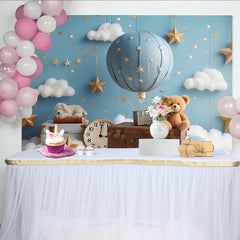 Lofaris Blue Hot Air Balloon Baby Shower Backdrop with Golden Stars and White Clouds, Dreamy Photography Background for Newborns and Kids