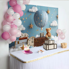 Lofaris Blue Hot Air Balloon Baby Shower Backdrop with Golden Stars and White Clouds, Dreamy Photography Background for Newborns and Kids