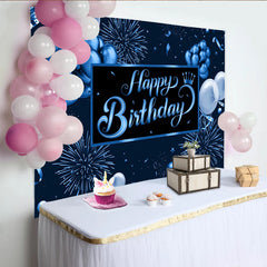 Lofaris Dark Blue Happy Birthday Backdrop with Balloons, Fireworks and Crown, Elegant Party Background for Photography and Celebration Decor