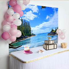 Lofaris Vibrant Blue Ocean Beach Photography Backdrop with Green Forest, Summer Studio Background for Vacation Photoshoot