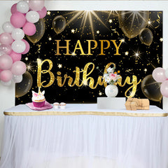 Lofaris Black and Gold Sparkling Glitter Happy Birthday Backdrop, Elegant Party Background with Balloons and Stars for Decor