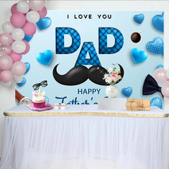 Lofaris Blue Hearts and Mustache Father's Day Backdrop with I Love You Dad Text, Happy Father's Day Party Decor for Photo Booth Props