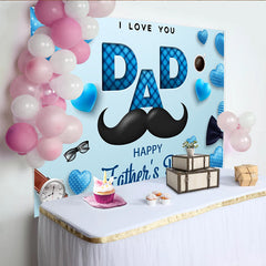 Lofaris Blue Hearts and Mustache Father's Day Backdrop with I Love You Dad Text, Happy Father's Day Party Decor for Photo Booth Props
