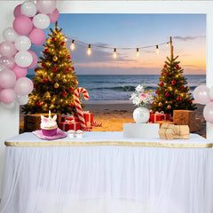 Lofaris Christmas Beach Backdrop with Decorated Trees, Ocean Sunset and Gifts, Festive Holiday Photography Background for Party Decor