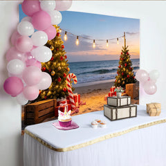 Lofaris Christmas Beach Backdrop with Decorated Trees, Ocean Sunset and Gifts, Festive Holiday Photography Background for Party Decor