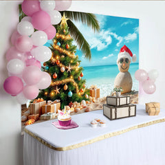 Lofaris Tropical Christmas Beach Backdrop with Sandman, Palm Tree and Gifts, Holiday Party Background for Festive Photoshoot
