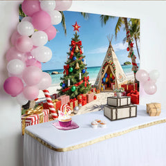 Lofaris Tropical Beach Christmas Backdrop with Decorated Palm Trees, Festive Holiday Photography Background for Party Decor