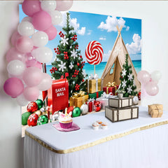 Lofaris Tropical Christmas Beach Backdrop with Candy Cane and Santa Mailbox, Vibrant Holiday Photography Background for Summer Party Decor