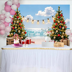 Lofaris Tropical Christmas Beach Backdrop with Decorated Trees and Gifts, Sparkling Ocean Background for Holiday Party Photography