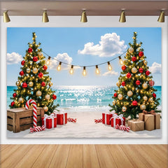 Lofaris Tropical Christmas Beach Backdrop with Decorated Trees and Gifts, Sparkling Ocean Background for Holiday Party Photography