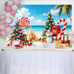 Lofaris Christmas Beach Photography Backdrop with Decorated Trees and Gifts, Tropical Holiday Background for Festive Photoshoot