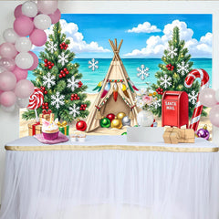 Lofaris Tropical Beach Christmas Backdrop with Teepee and Presents, Festive Holiday Background for Winter Beach Party Photography