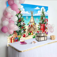 Lofaris Tropical Beach Christmas Backdrop with Teepee and Presents, Festive Holiday Background for Winter Beach Party Photography