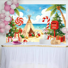 Lofaris Tropical Christmas Beach Backdrop with Palm Trees, Santa Mail, and Candy Canes, Festive Holiday Background for Party Decor