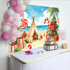 Lofaris Tropical Christmas Beach Backdrop with Palm Trees, Santa Mail, and Candy Canes, Festive Holiday Background for Party Decor