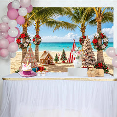 Lofaris Tropical Beach Christmas Backdrop with Palm Trees and Gingerbread House, Festive Holiday Background for Party Decoration and Photoshoot