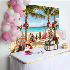 Lofaris Tropical Beach Christmas Backdrop with Palm Trees and Gingerbread House, Festive Holiday Background for Party Decoration and Photoshoot
