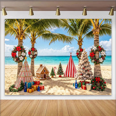 Lofaris Tropical Beach Christmas Backdrop with Palm Trees and Gingerbread House, Festive Holiday Background for Party Decoration and Photoshoot