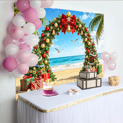 Lofaris Tropical Christmas Beach Backdrop with Decorated Arch and Palm Trees, Vibrant Holiday Photo Background for Festive Party Decor