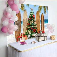 Lofaris Tropical Christmas Beach Backdrop with Palm Trees and Surfboards, Festive Holiday Party Decor for Photoshoot