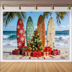 Lofaris Tropical Christmas Beach Backdrop with Surfboards and Presents, Festive Holiday Background for Party Decor and Photoshoot