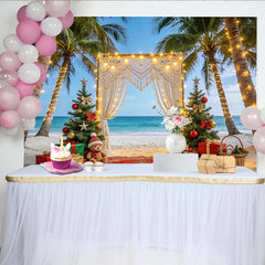 Lofaris Christmas Beach Backdrop with Palm Trees and Macrame Arch, Festive Holiday Background for Tropical Party Decor
