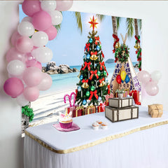 Lofaris Tropical Beach Christmas Backdrop with Palm Trees and Decorated Tree, Festive Holiday Background for Winter Vacation Party