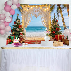 Lofaris Tropical Beach Christmas Backdrop with Palm Trees and Macrame Arch, Festive Photography Background for Holiday and Party Decoration