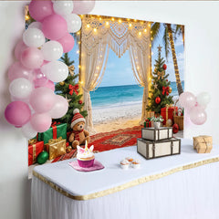 Lofaris Tropical Beach Christmas Backdrop with Palm Trees and Macrame Arch, Festive Photography Background for Holiday and Party Decoration