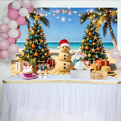 Lofaris Tropical Christmas Beach Backdrop with Sand Snowman and Palm Trees, Festive Photo Background for Holiday Party Decoration