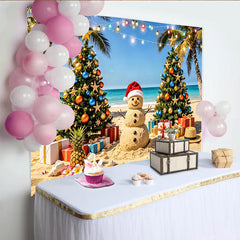 Lofaris Tropical Christmas Beach Backdrop with Sand Snowman and Palm Trees, Festive Photo Background for Holiday Party Decoration