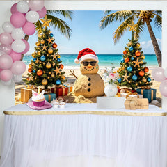 Lofaris Tropical Christmas Beach Backdrop with Sand Snowman, Decorated Trees and Gifts, Holiday Photo Background for Party Decor