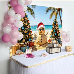 Lofaris Tropical Christmas Beach Backdrop with Sand Snowman, Decorated Trees and Gifts, Holiday Photo Background for Party Decor