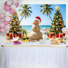 Lofaris Tropical Christmas Beach Backdrop with Sand Snowman and Palm Trees, Festive Holiday Background for Summer Party Decor