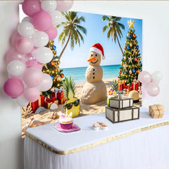 Lofaris Tropical Christmas Beach Backdrop with Sand Snowman and Palm Trees, Festive Holiday Background for Summer Party Decor