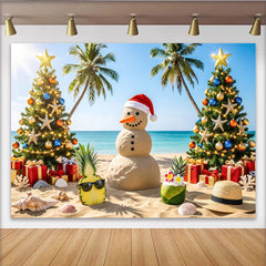 Lofaris Tropical Christmas Beach Backdrop with Sand Snowman and Palm Trees, Festive Holiday Background for Summer Party Decor