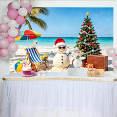 Lofaris Tropical Christmas Beach Backdrop with Sand Snowman and Palm Tree, Festive Holiday Background for Summer Party Decor