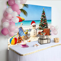 Lofaris Tropical Christmas Beach Backdrop with Sand Snowman and Palm Tree, Festive Holiday Background for Summer Party Decor